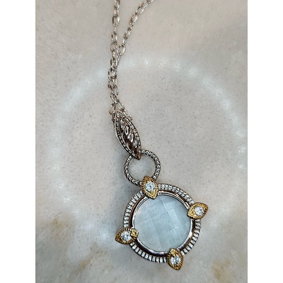 Jewelry - Silver Tone Necklace with Crystal Round Faceted Stone and Gold Tone Accents